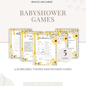 May include: Five printable baby shower games with a yellow and white honeycomb pattern and a bee theme. The games are titled "Advice for Dad", "Mummy to be Test", "Predicting the Baby", "Guess the Honeybee..." and "Mummy to be Dad".