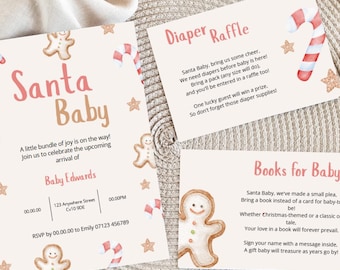 Könnte beinhalten: Ein Set Babyparty-Einladungen und Karten mit Weihnachtsmotto. Die Haupteinladung lautet "Santa Baby" mit Lebkuchenmännern und Zuckerstangen-Illustrationen. Zusätzliche Karten bitten um Windeln und Bücher.