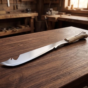 Puede incluir: Un cuchillo de hoja fija con una hoja larga y curva de acero plateado que presenta un corte en forma de muesca cerca de la punta y un mango de hueso texturizado de color claro con virola de latón, sobre una superficie de madera oscura.