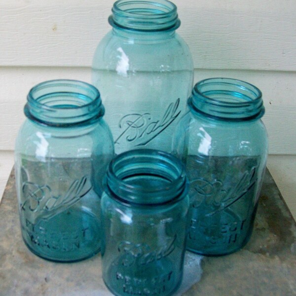 4 Aqua Blue BALL Perfect Mason Canning  Jars 4 Wedding Centerpieces Perfect Assortment