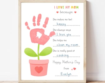 I Love My Mom Because Mother’s Day Handprint Craft - Digital Download, Printable flower Handprint Craft Template, DIY Mother’s Day Craft