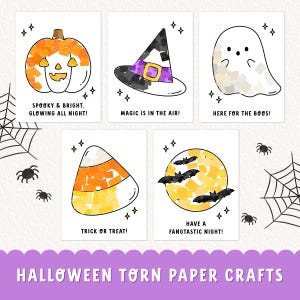 Könnte beinhalten: Eine Sammlung von Halloween-Bastelarbeiten aus zerrissenem Papier. Die Bastelarbeiten umfassen einen Kürbis, einen Hexenhut, einen Geist, Zuckermais und einen Mond mit Fledermäusen. Jedes Design befindet sich auf weißem Hintergrund mit schwarzen Umrissen und dekorativen Sternen.