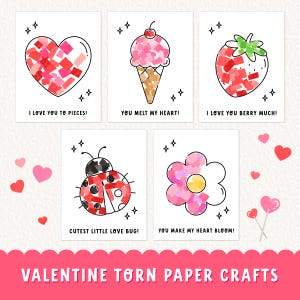 Peut inclure: Ensemble de cartes de Saint-Valentin avec des motifs en papier déchiré. Les cartes représentent un cœur, une glace, une fraise, une coccinelle et une fleur. Chaque carte contient une phrase comme "Je t'aime à la folie !"