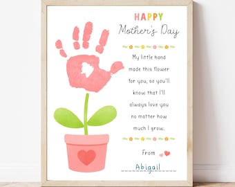 May include: A pink handprint flower with green leaves in a pink pot with a heart on it. The card reads "Happy Mother's Day" and includes a poem about a child's love for their mother. The card is signed "From Abigail".