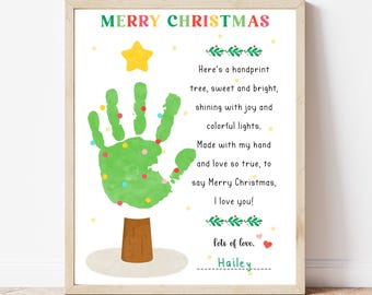 May include: A framed print with the words "MERRY CHRISTMAS" at the top. The print features a handprint tree with colorful lights and the text "Here's a handprint tree, sweet and bright...I love you!" The name "Hailey" is at the bottom.
