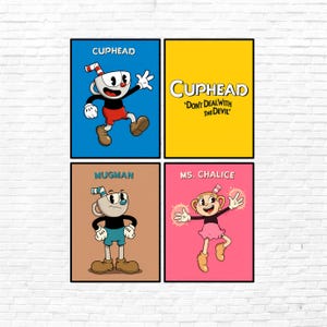 4 Cuphead Posters - Gaming Poster - Video Game Wall Art - Retro Game Poster - Game Room Wall Art - Gamer Wall Decor - Printable Gaming Art