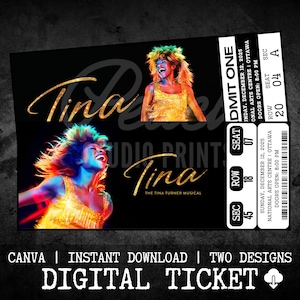 Druckbare Tina Turner Musical Theater Ticket, personalisierte Geschenk offenbaren, bearbeitbare West End, Broadway Souvenir Andenken, sofortiger Download