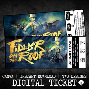 Peut inclure: Deux billets numériques pour "Fiddler on the Roof" avec un design bleu foncé et or. Les billets présentent une illustration d'un violoniste et le titre du spectacle. Détails du spectacle: dimanche 12 décembre 2025, Centre national des Arts, Ottawa.