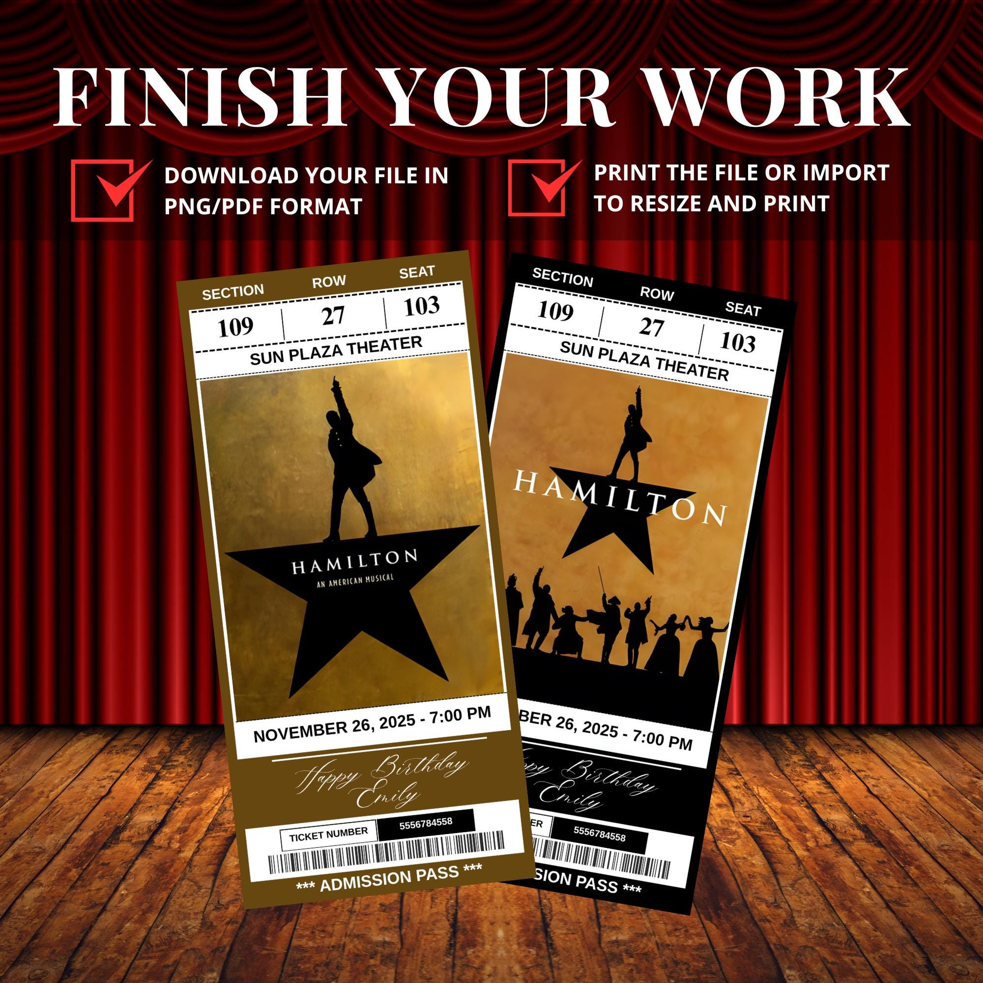 Printable Hamilton Broadway Surprise Ticket, Hamilton the Musical