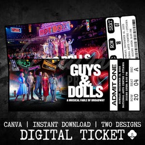 Printable GUYS and DOLLS Ticket, Broadway Surprise Musical Collectible Theater Ticket Editable Faux Event Admission,  Instant Download