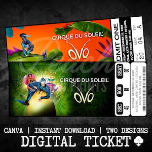 Puede incluir: Diseño de entradas digitales para el espectáculo OVO del Cirque du Soleil. Las entradas presentan ilustraciones vibrantes con artistas y el logotipo del espectáculo. Incluye detalles del espectáculo: domingo 12 de diciembre de 2025, Centro Nacional de Artes de Ottawa. Descarga instantánea de Canva.