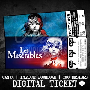 Printable Les Miserables Musical Theatre Ticket, Personalized Gift Reveal, Editable West End, Broadway Souvenir Keepsake, Canva Download
