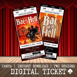 Może przedstawiać: Dwa cyfrowe bilety na musical "Bat Out of Hell". Bilety są ciemnoczerwone i pomarańczowe z logo przedstawienia i grafiką motocykla. Zawiera tekst "Happy Birthday Emily" i "26 listopada 2025 - 19:00".