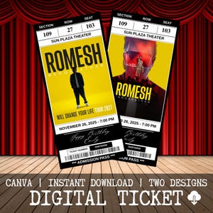 May include: Two digital tickets for the "Romesh Ranganathan" tour, featuring a yellow and black design. The tickets include the Sun Plaza Theater details, date, time, and a barcode. The text "Will Change Your Life Tour 2027" is also visible.