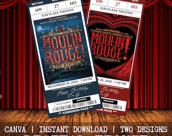 Printable Moulin Rouge Musical Theatre Ticket, Personalized Gift Reveal, Editable West End, Broadway Souvenir Keepsake, Instant Download