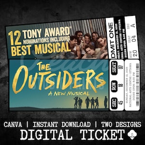 May include: Digital ticket design for "The Outsiders: A New Musical," featuring a teal and gold color scheme. The ticket includes details like the date, time, and venue. The design also highlights "12 Tony Award Nominations Including Best Musical."