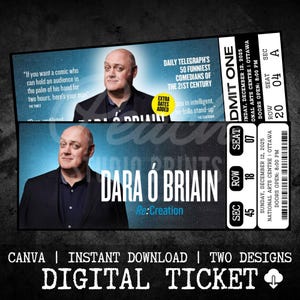 May include: Digital ticket design featuring comedian Dara Ó Briain. The ticket includes event details: Sunday, December 12, 2025, at the National Arts Centre in Ottawa. The design also includes quotes from The Times and The Guardian.
