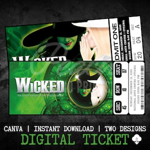 Druckbare Wicked Musical Theater Ticket, personalisierte Geschenk offenbaren, bearbeitbares West End, Broadway Souvenir Andenken, Canva Sofortiger Download
