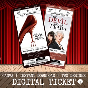 Może przedstawiać: Dwa cyfrowe bilety na film "Diabeł ubiera się u Prady". Jeden bilet przedstawia but na wysokim obcasie, drugi gwiazdy filmu. Oba bilety zawierają tytuł filmu, datę, godzinę i tekst "Happy Birthday Emily".