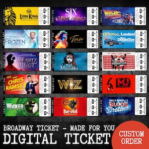 Può includere: Biglietti digitali di Broadway con spettacoli come "Il Re Leone", "Six" e "Frozen". Ogni biglietto mostra titoli, loghi e dettagli degli spettacoli, con un'opzione "Ordine personalizzato".