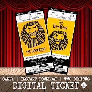 Puede incluir: Dos entradas digitales para el musical El Rey León, con un fondo amarillo y un diseño de cabeza de león. Las entradas incluyen el texto "Sun Plaza Theater", "26 de noviembre de 2025" y "Feliz Cumpleaños Emily".