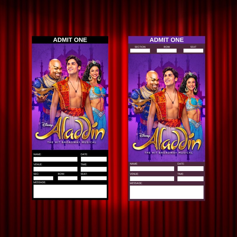 Printable Aladdin the Musical Theatre Ticket | Personalized Gift Reveal ...