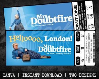 Druckbare Mrs Doubtfire Musical Theater Ticket | Personalisiertes Geschenk offenbaren | Bearbeitbar West End Broadway Souvenir Andenken | Sofort Download