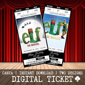 May include: Two digital tickets for "Elf The Musical" with the text "Sun Plaza Theater". The tickets feature the word "Elf" in a festive font, with a green and gold color scheme. The date and time are displayed on the tickets.