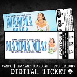 Puede incluir: Un boleto digital para el musical Mamma Mia! con el exitoso musical basado en las canciones de ABBA. El boleto está diseñado para parecerse a un boleto de papel tradicional con un esquema de color azul y blanco. El boleto incluye la fecha, la hora y la ubicación de la actuación.