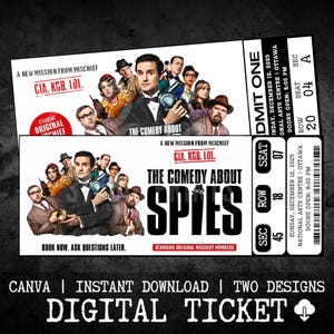 Puede incluir: Dos entradas digitales para "The Comedy About Spies" con una foto del elenco. Las entradas presentan el texto "CIA. KGB. LOL." y "Book now. Ask questions later." Las entradas son para el Centro Nacional de las Artes en Ottawa.