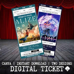 Puede incluir: Dos entradas digitales para "Alize" del Cirque du Soleil en el Fox Theatre Atlanta. Las entradas son de color verde azulado y azul marino, con un tema de diente de león y detalles del espectáculo. El texto "Happy 13th Birthday Delaney" es visible. Las entradas son para el 1 de marzo de 2026.