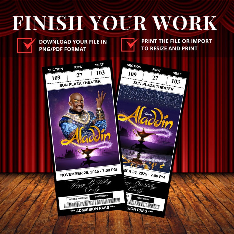 Printable Aladdin the Musical Theatre Ticket | Personalized Gift Reveal ...