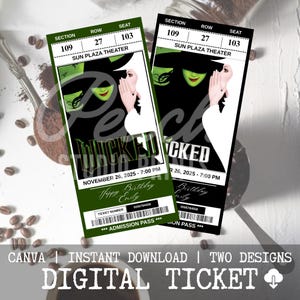 Printable Wicked Musical Theatre Ticket, Personalized Gift Reveal, Editable West End, Broadway Souvenir Keepsake, Canva Instant Download