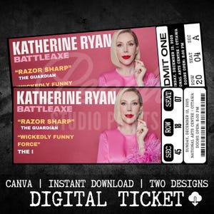 Może przedstawiać: Dwa cyfrowe bilety na Katherine Ryan, z różowym tłem i tekstami "Razor Sharp" i "Wickedly Funny." Bilety zawierają szczegóły wydarzenia i portret Katherine Ryan.