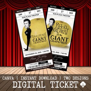May include: Two digital tickets for "Rhod Gilbert & the Giant Grapefruit" with a cartoon image of the comedian and a grapefruit. The tickets are for Sun Plaza Theater, Section 109, Row 27, Seat 103, dated November 26, 2025, at 7:00 PM. The tickets are labeled "Happy Birthday Emily".