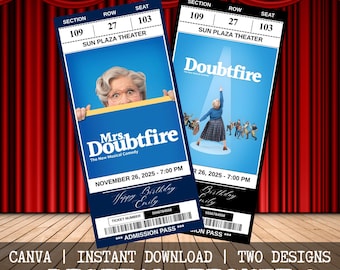 Printable Mrs Doubtfire Musical Theatre Ticket | Personalized Gift Reveal | Editable West End Broadway Souvenir Keepsake | Instant Download