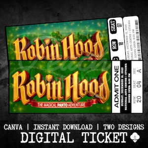 Utskrivbar Robin Hood-pantomimbiljett | Personlig presentavslöjning | Redigerbar souvenir till musikalteater | Ladda ner