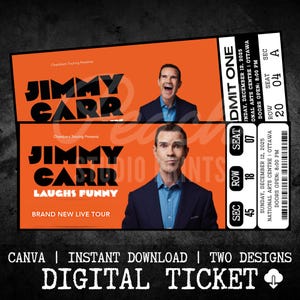 Puede incluir: Dos entradas digitales naranjas para un espectáculo de comedia de Jimmy Carr. Las entradas presentan el nombre del comediante en letras negras en negrita, junto con su imagen. Las entradas incluyen detalles del espectáculo como la fecha, la hora y el lugar. La parte inferior de la imagen dice "ENTRADA DIGITAL".