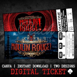 Druckbare Moulin Rouge Musical Theater Ticket, personalisierte Geschenk offenbaren, bearbeitbares West End, Broadway Souvenir Andenken, sofortiger Download