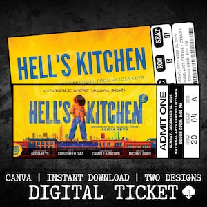 May include: Two digital tickets for "Hell's Kitchen," a Broadway musical from Alicia Keys. The tickets feature a yellow background with blue text and an image of a person. The tickets include show details and are available for instant download.