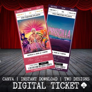 Pode incluir: Dois bilhetes digitais para "Priscilla Queen of the Desert" no Fox Theatre Atlanta. Os bilhetes são rosa e roxos com detalhes do espetáculo, incluindo data, hora e informações do assento. O texto "Happy 13th Birthday Delaney" também está presente.