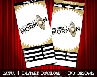 Printable The BOOK OF MORMON Musical Theatre Ticket, Personalized Gift Reveal, Editable West End, Broadway Souvenir Keepsake Canva Download