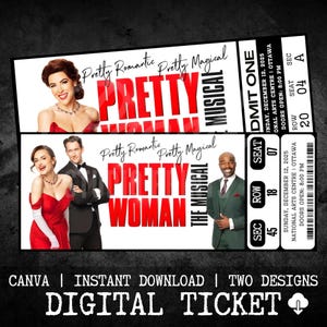 Puede incluir: Dos entradas digitales para "Pretty Woman: The Musical" con imágenes del elenco. Las entradas tienen texto rojo y blanco, con detalles del espectáculo e información sobre los asientos. La parte inferior de la imagen dice "Entrada digital".