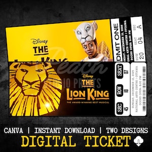 Entradas de Broadway para El Rey León para imprimir y editar, entradas de teatro musical, entradas de teatro ...