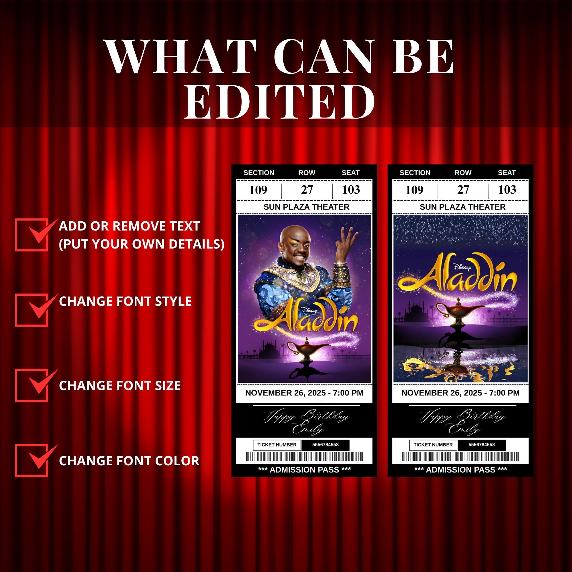 Printable Aladdin the Musical Theatre Ticket | Personalized Gift Reveal ...