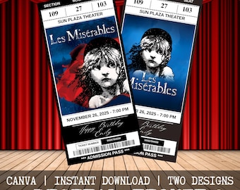 Entrada imprimible para el musical Los Miserables, regalo personalizado, recuerdo editable del West End y Broadway, descarga de Canva