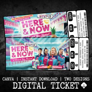 Op de afbeelding: Digitaal ticketontwerp voor de musical "Here & Now" met twee ticketstijlen. Eén ontwerp heeft een roze en wit thema met een ananasafbeelding. Het andere ontwerp toont de cast. Inclusief showdetails.