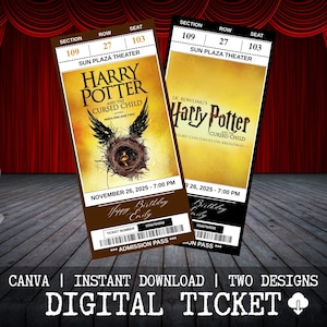 May include: Two digital tickets for "Harry Potter and the Cursed Child" with the text "Sun Plaza Theater". One ticket is brown with a nest graphic, the other is gold. Both have the date November 26, 2025, and the text "Happy Birthday Emily".