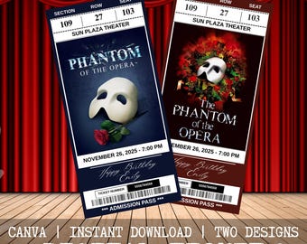 Printable Phantom Of The Opera Musical Theatre Ticket | Personalized Gift Reveal | Editable West End / Broadway Souvenir Keepsake | Download