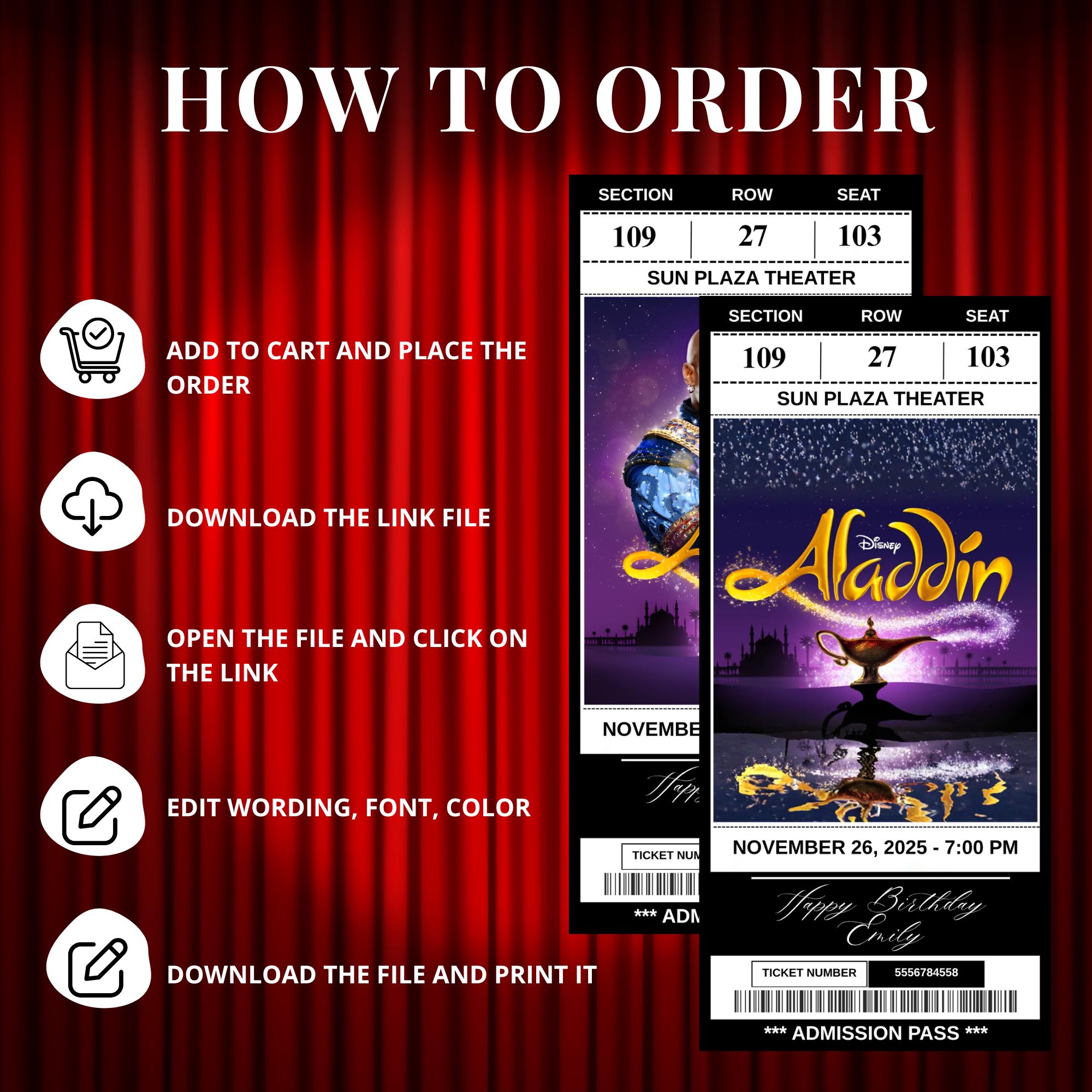 Printable Aladdin the Musical Theatre Ticket | Personalized Gift Reveal ...